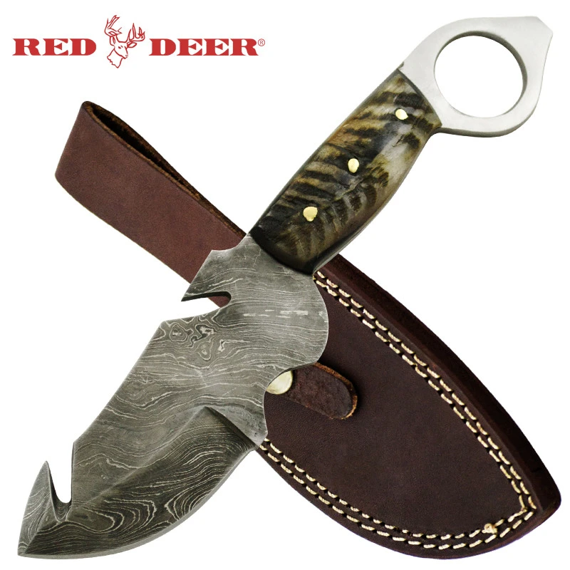 Red Deer Gut Hook Damascus Burnt Bone Finger Loop Hunting Knife